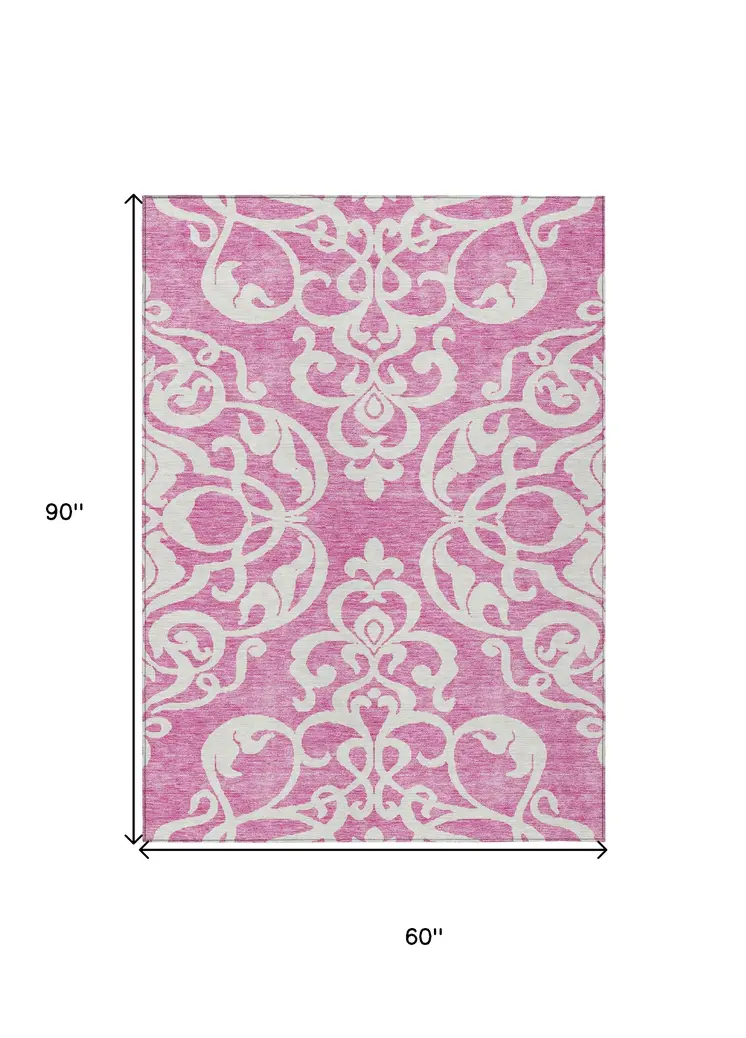 5' X 8' Blush And Ivory Damask Washable Indoor Outdoor Area Rug