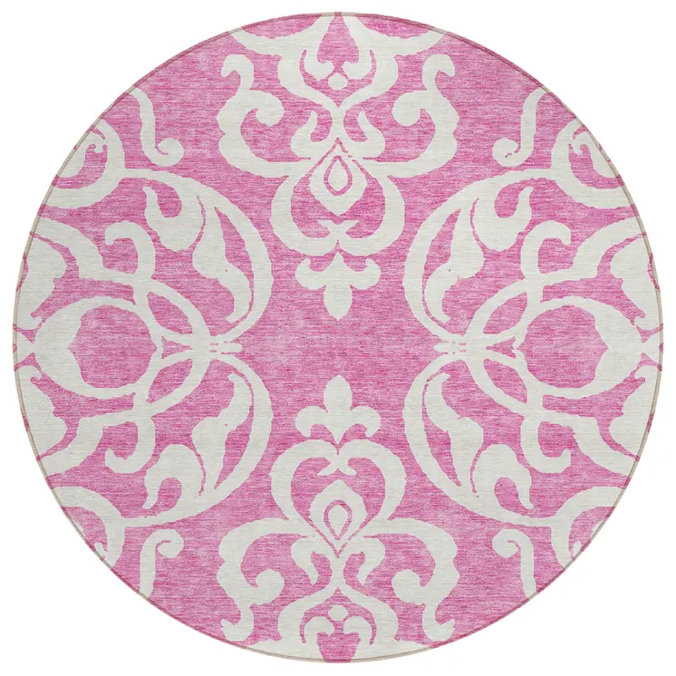 8' Blush And Ivory Round Damask Washable Indoor Outdoor Area Rug