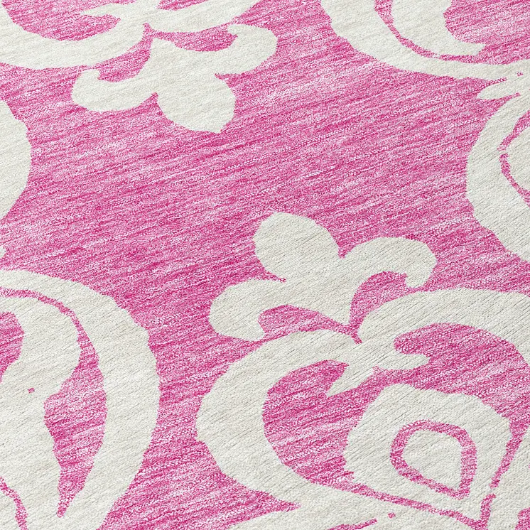 8' Blush And Ivory Round Damask Washable Indoor Outdoor Area Rug