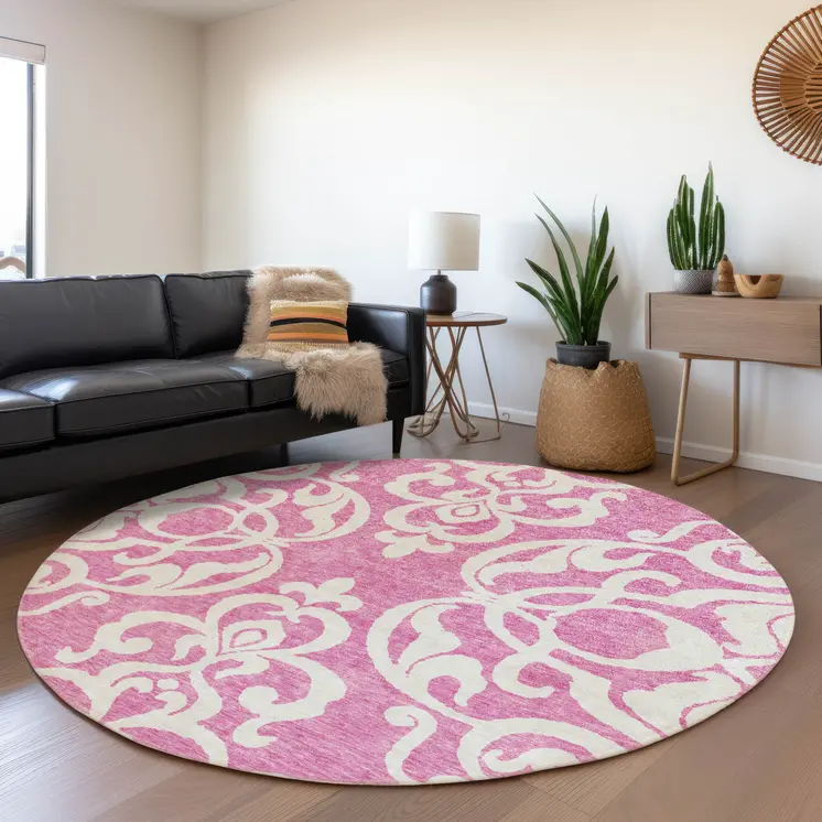 8' Blush And Ivory Round Damask Washable Indoor Outdoor Area Rug
