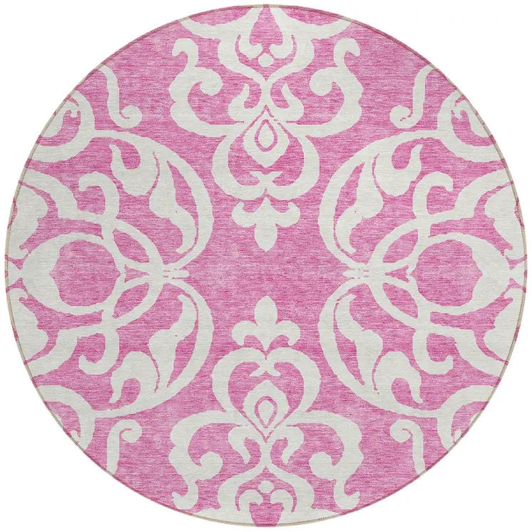 8' Blush And Ivory Round Damask Washable Indoor Outdoor Area Rug
