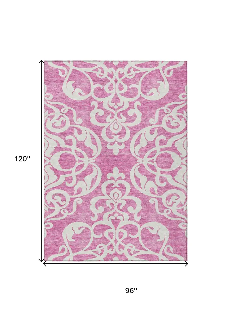8' X 10' Blush And Ivory Damask Washable Indoor Outdoor Area Rug