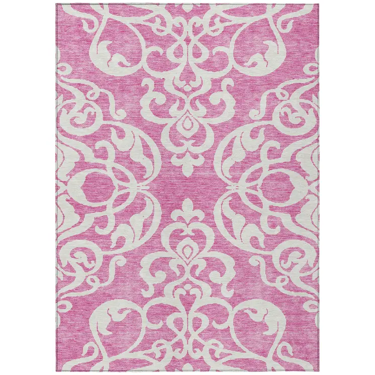 8' X 10' Blush And Ivory Damask Washable Indoor Outdoor Area Rug
