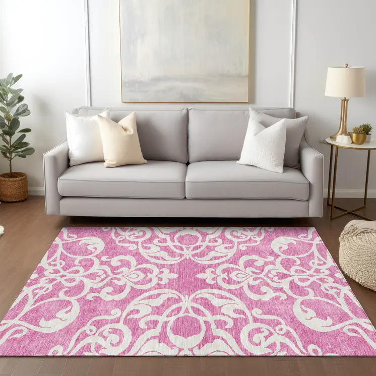 8' X 10' Blush And Ivory Damask Washable Indoor Outdoor Area Rug