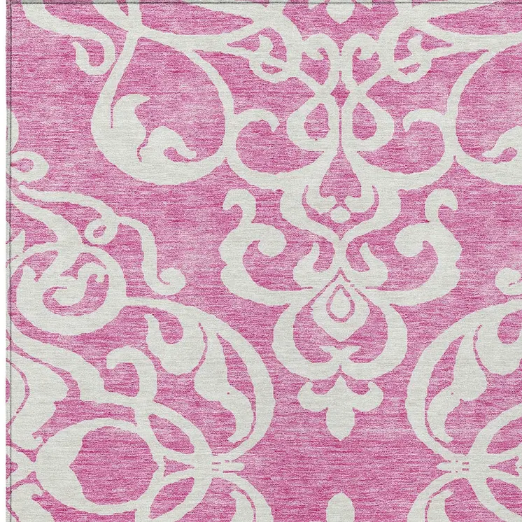 9' X 12' Blush And Ivory Damask Washable Indoor Outdoor Area Rug