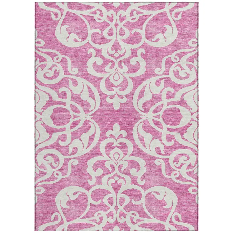10' X 14' Blush And Ivory Damask Washable Indoor Outdoor Area Rug