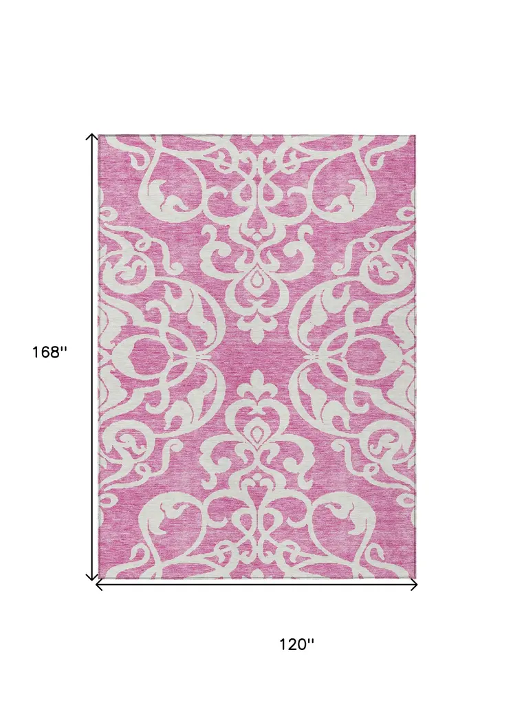 10' X 14' Blush And Ivory Damask Washable Indoor Outdoor Area Rug