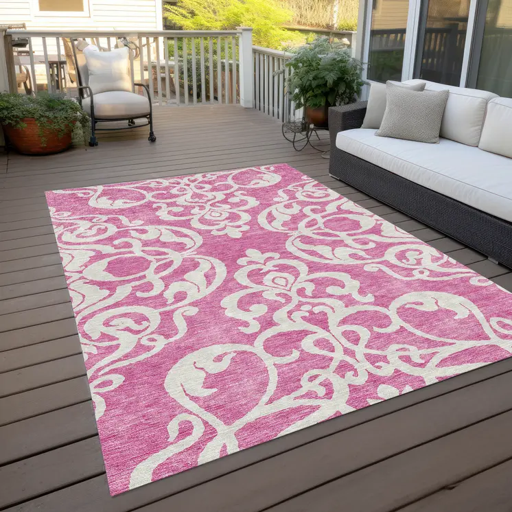 10' X 14' Blush And Ivory Damask Washable Indoor Outdoor Area Rug