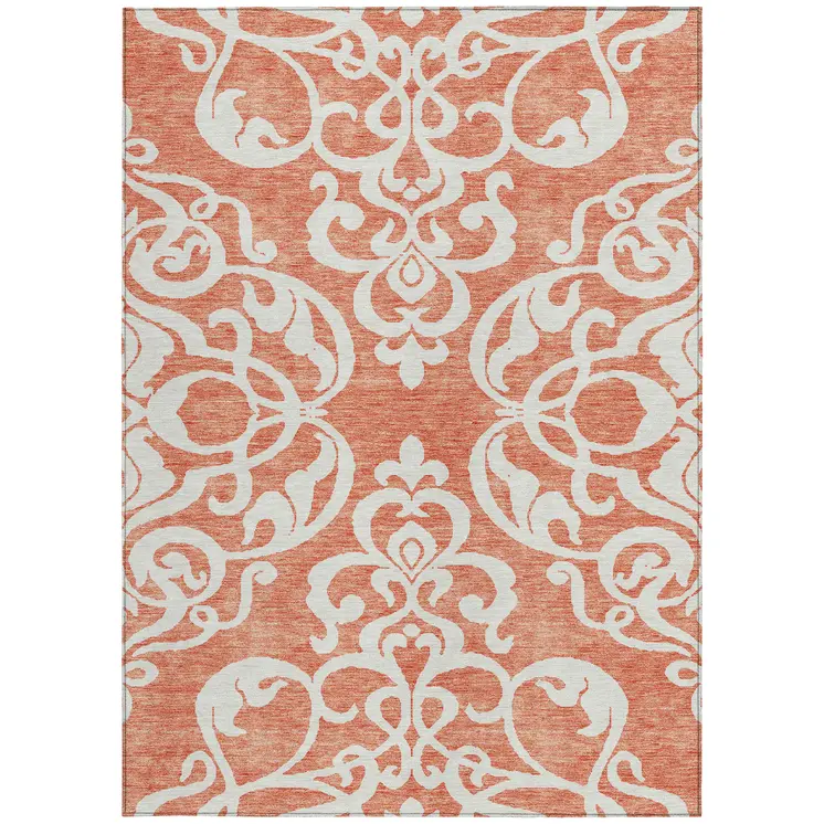 5' X 8' Coral And Ivory Damask Washable Indoor Outdoor Area Rug