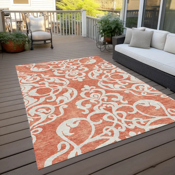 5' X 8' Coral And Ivory Damask Washable Indoor Outdoor Area Rug