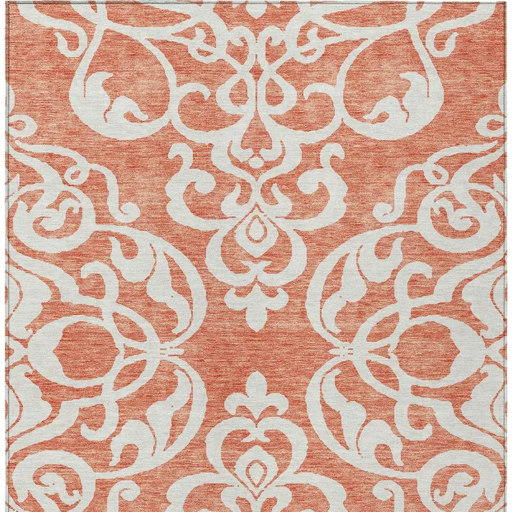 5' X 8' Coral And Ivory Damask Washable Indoor Outdoor Area Rug