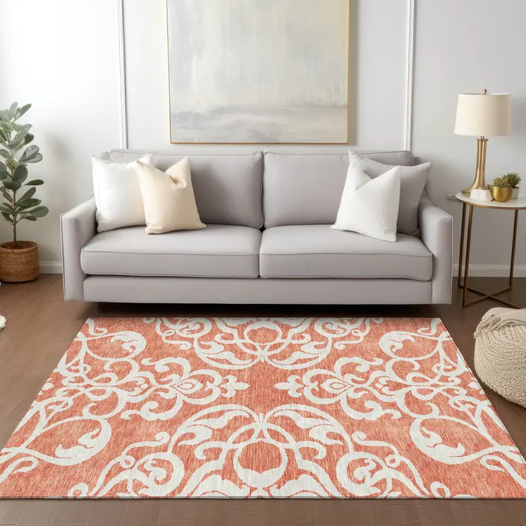 5' X 8' Coral And Ivory Damask Washable Indoor Outdoor Area Rug