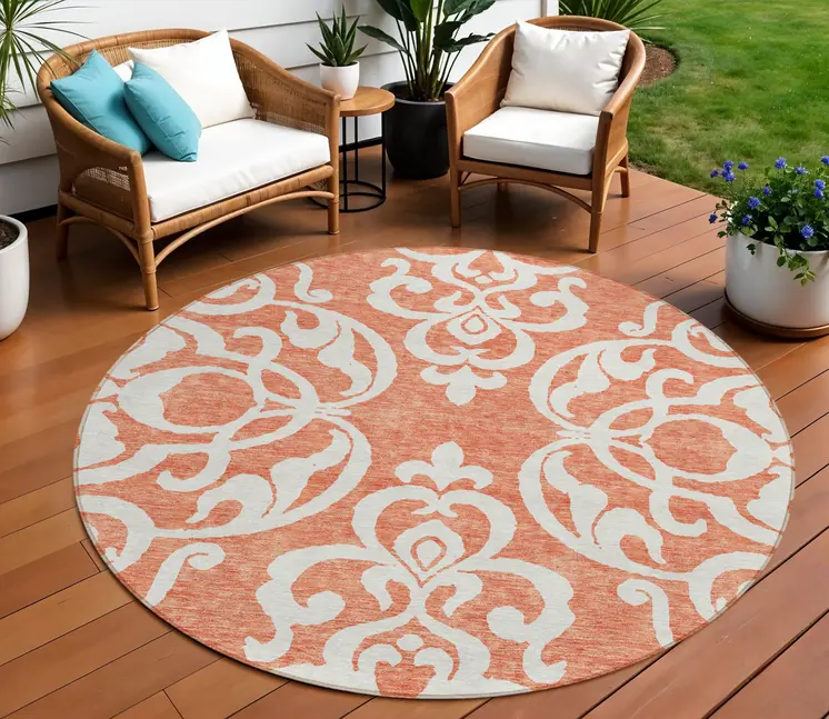 8' Coral And Ivory Round Damask Washable Indoor Outdoor Area Rug