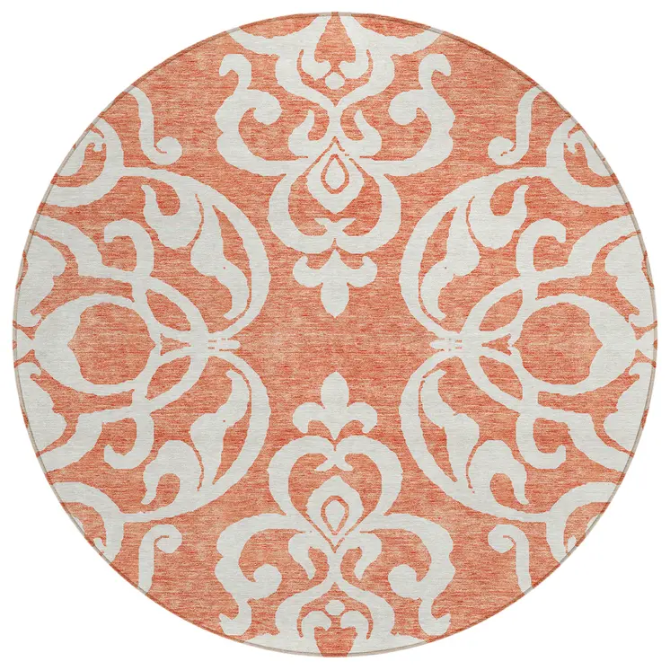 8' Coral And Ivory Round Damask Washable Indoor Outdoor Area Rug