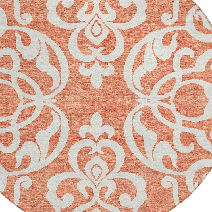 8' Coral And Ivory Round Damask Washable Indoor Outdoor Area Rug