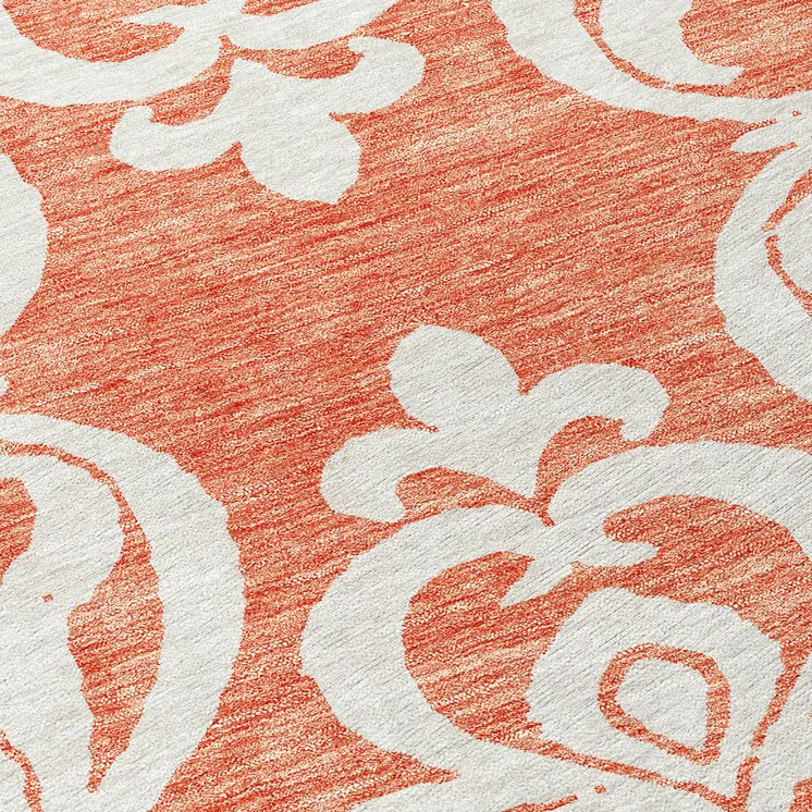 8' Coral And Ivory Round Damask Washable Indoor Outdoor Area Rug