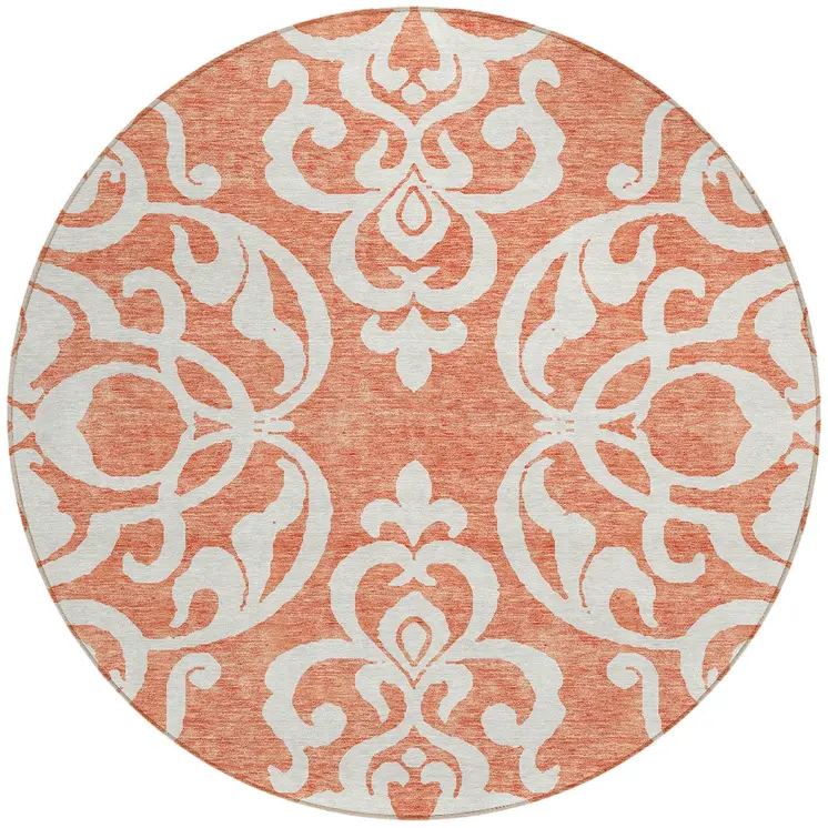 8' Coral And Ivory Round Damask Washable Indoor Outdoor Area Rug