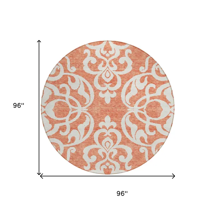 8' Coral And Ivory Round Damask Washable Indoor Outdoor Area Rug