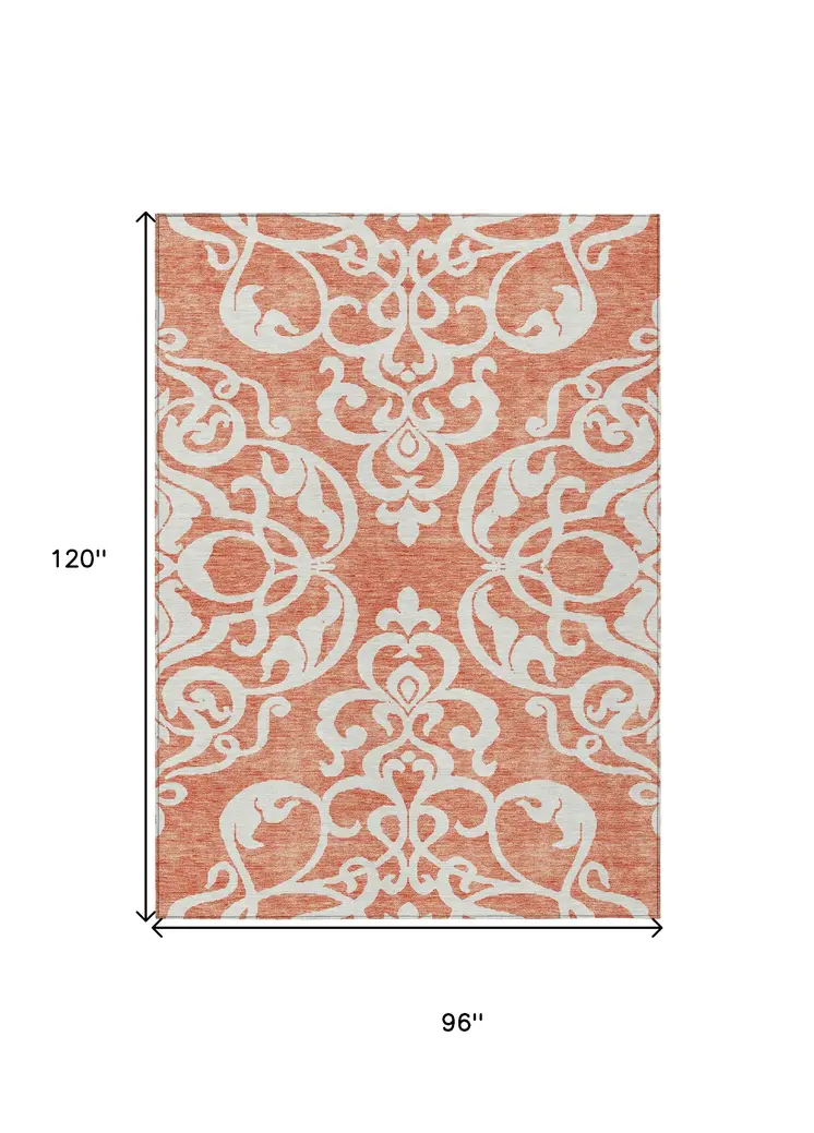 8' X 10' Coral And Ivory Damask Washable Indoor Outdoor Area Rug