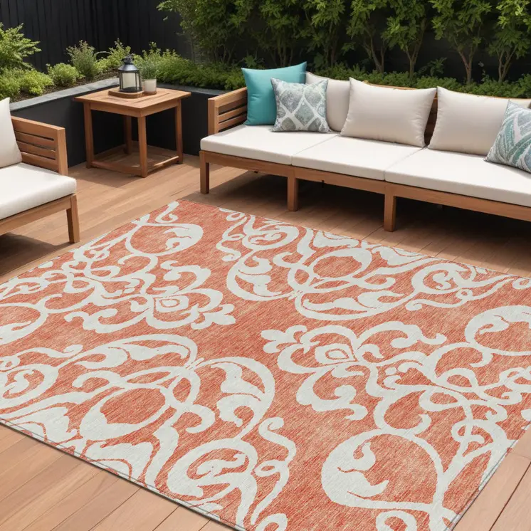 8' X 10' Coral And Ivory Damask Washable Indoor Outdoor Area Rug