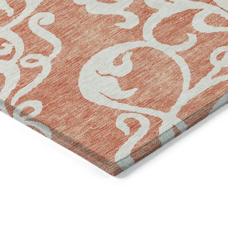 8' X 10' Coral And Ivory Damask Washable Indoor Outdoor Area Rug