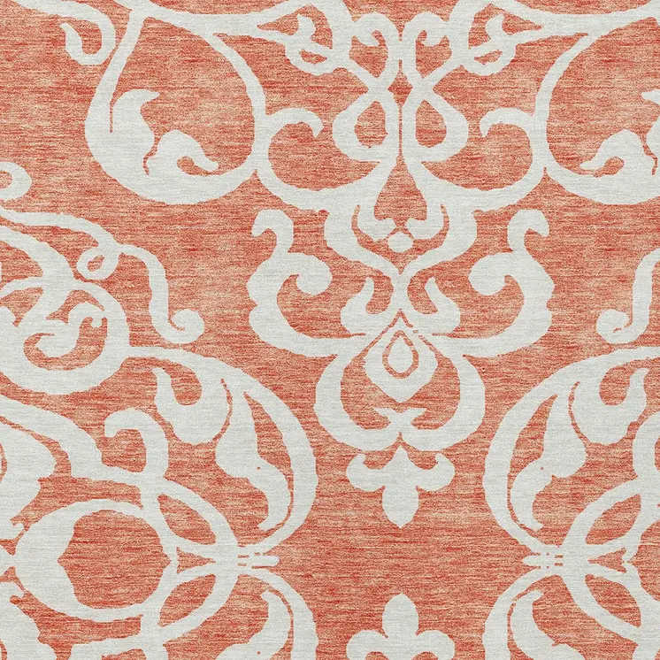 9' X 12' Coral And Ivory Damask Washable Indoor Outdoor Area Rug