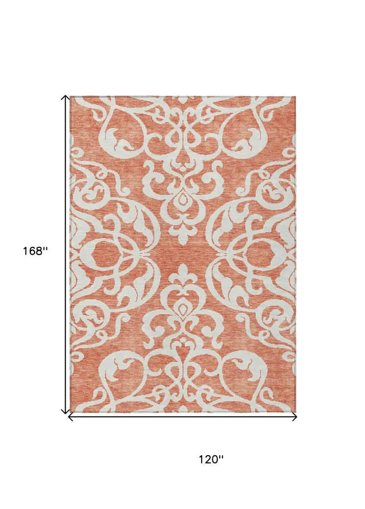 10' X 14' Coral And Ivory Damask Washable Indoor Outdoor Area Rug