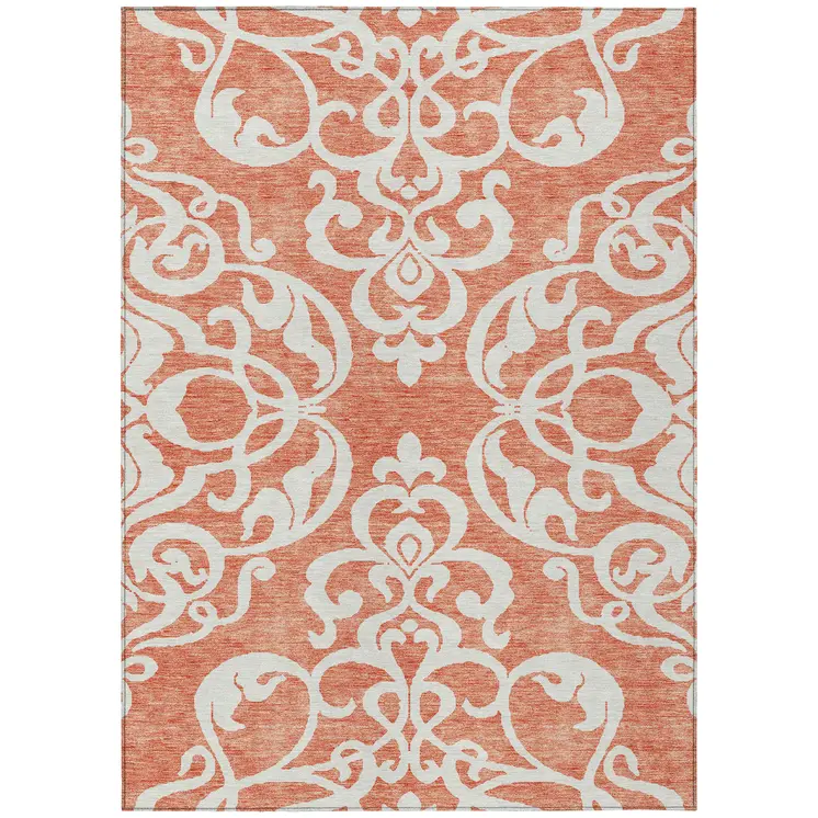 10' X 14' Coral And Ivory Damask Washable Indoor Outdoor Area Rug