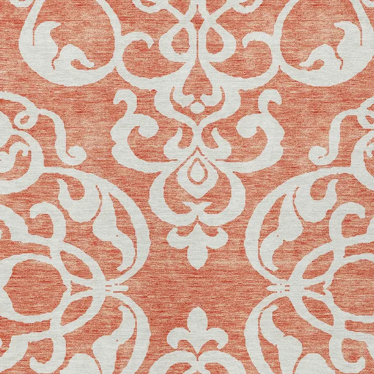 10' X 14' Coral And Ivory Damask Washable Indoor Outdoor Area Rug