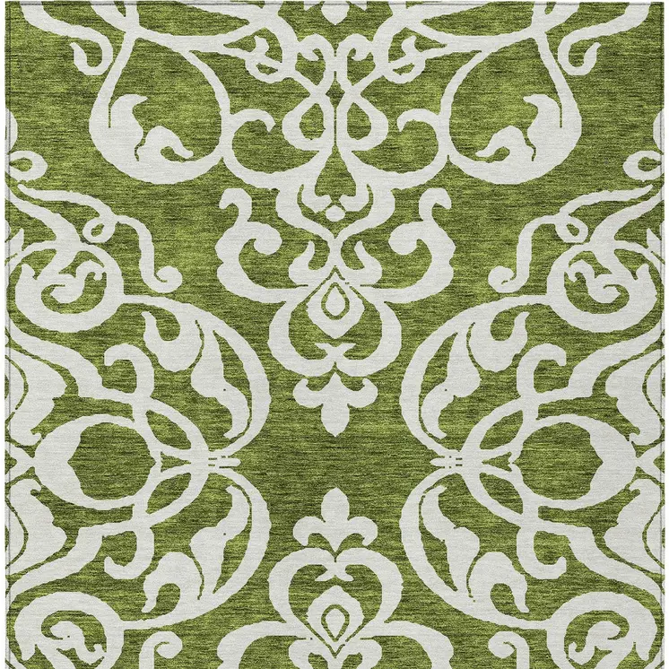 3' X 5' Green And Ivory Damask Washable Indoor Outdoor Area Rug