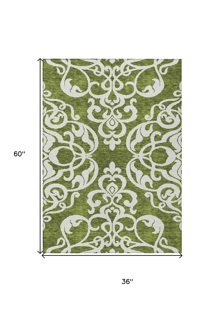 3' X 5' Green And Ivory Damask Washable Indoor Outdoor Area Rug
