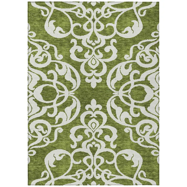 3' X 5' Green And Ivory Damask Washable Indoor Outdoor Area Rug