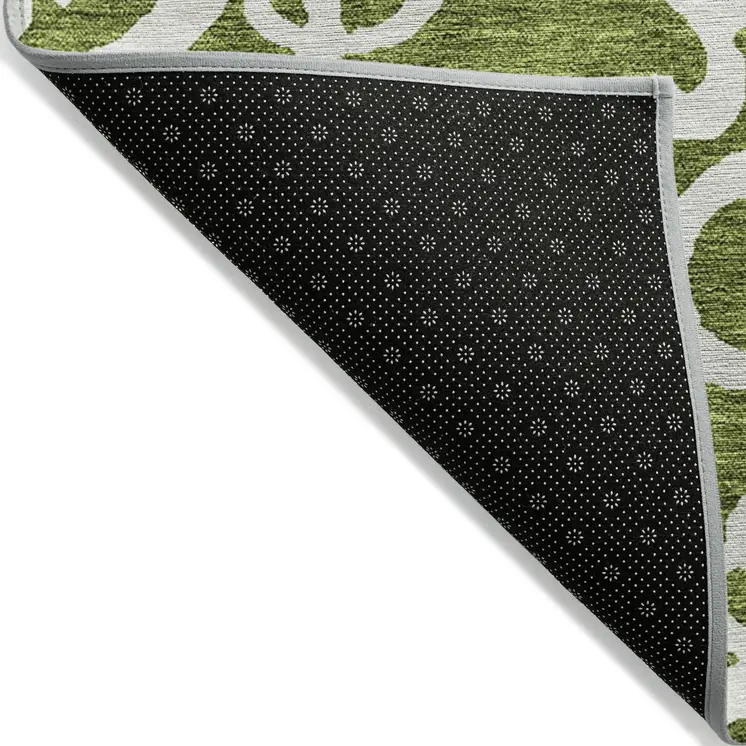 3' X 5' Green And Ivory Damask Washable Indoor Outdoor Area Rug