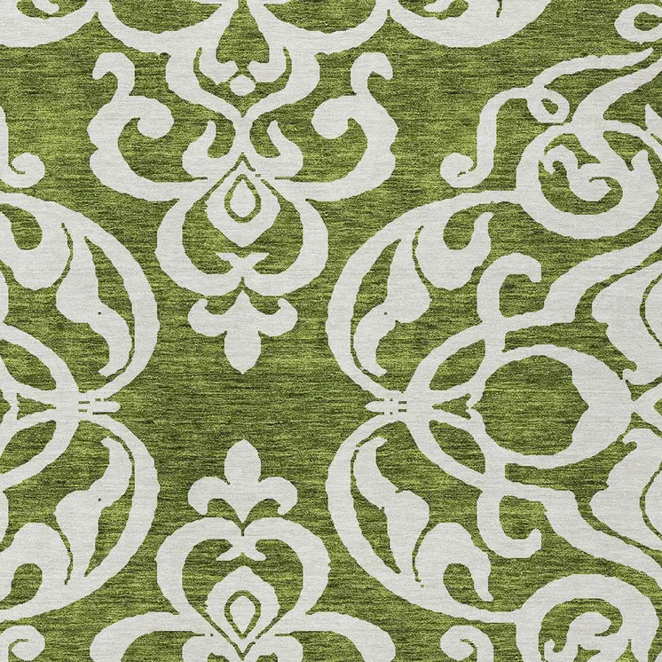 3' X 5' Green And Ivory Damask Washable Indoor Outdoor Area Rug