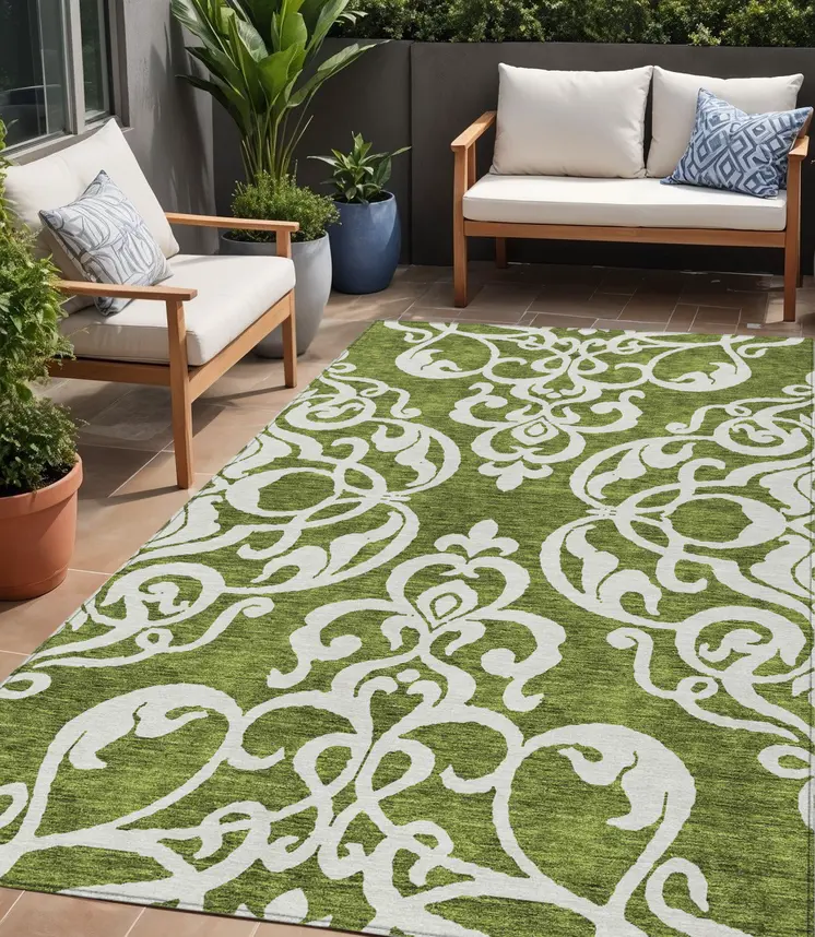 5' X 8' Green And Ivory Damask Washable Indoor Outdoor Area Rug