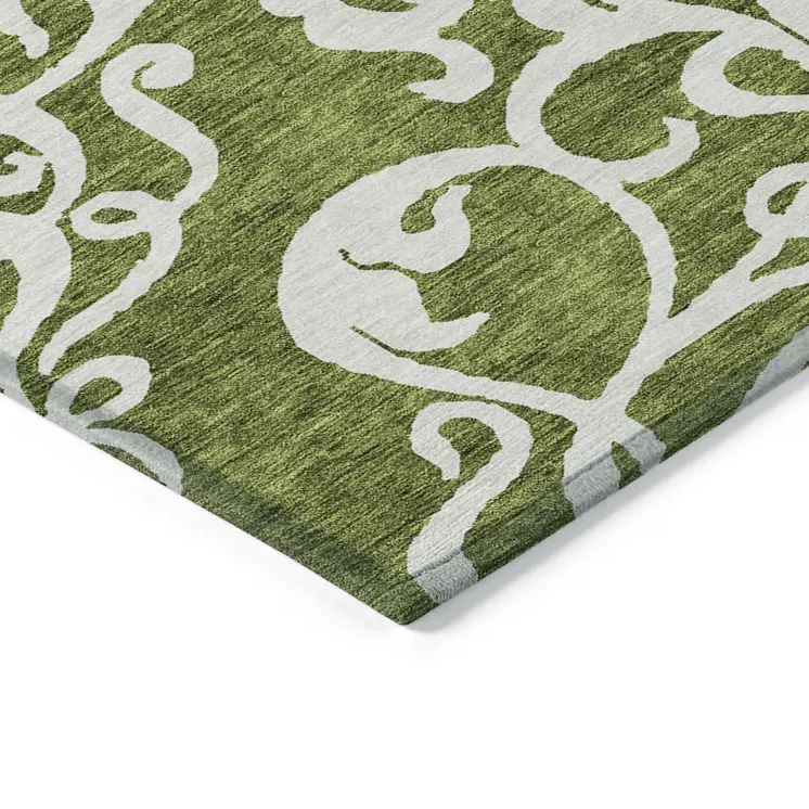 5' X 8' Green And Ivory Damask Washable Indoor Outdoor Area Rug