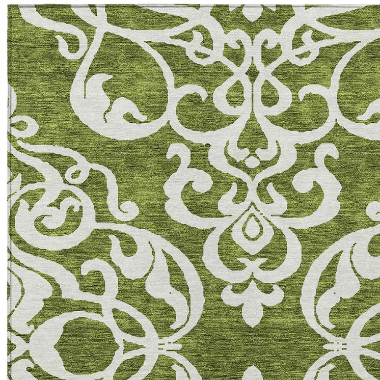 5' X 8' Green And Ivory Damask Washable Indoor Outdoor Area Rug