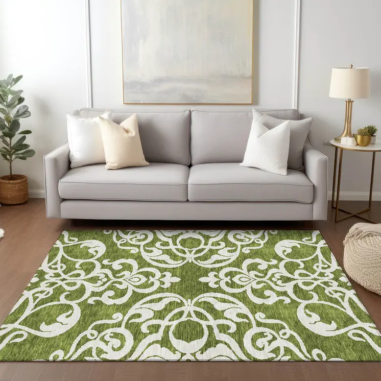 5' X 8' Green And Ivory Damask Washable Indoor Outdoor Area Rug