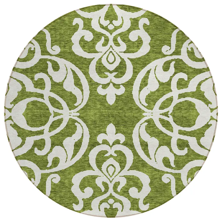 8' Green And Ivory Round Damask Washable Indoor Outdoor Area Rug