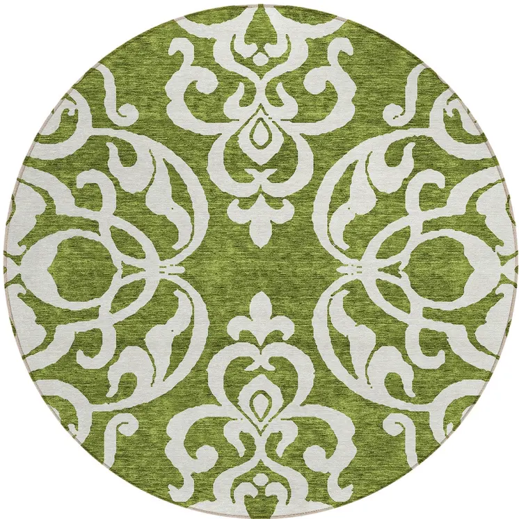 8' Green And Ivory Round Damask Washable Indoor Outdoor Area Rug