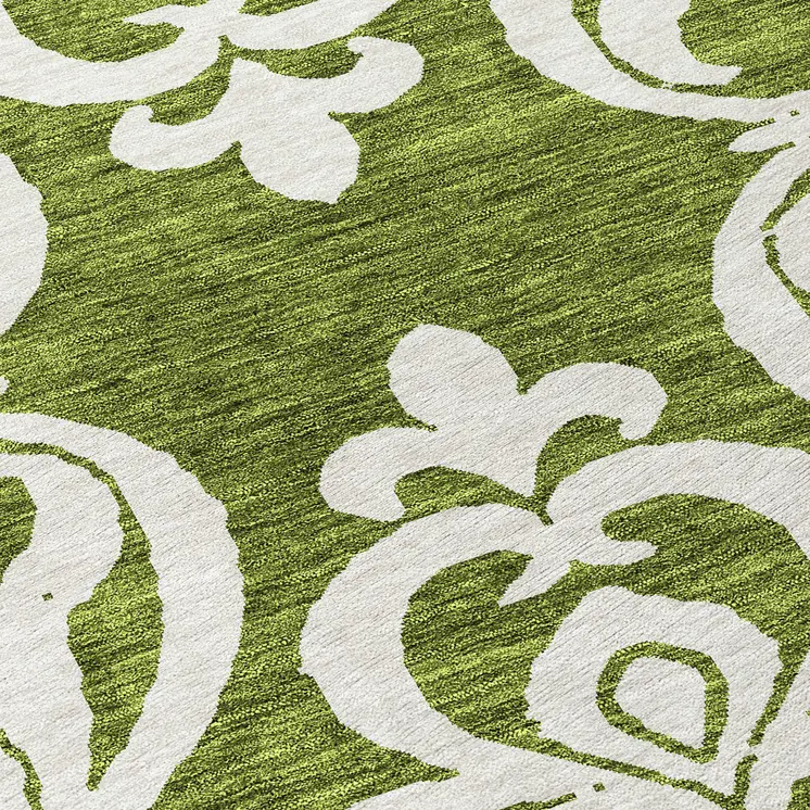 8' Green And Ivory Round Damask Washable Indoor Outdoor Area Rug