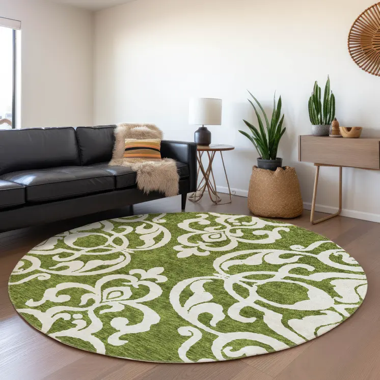 8' Green And Ivory Round Damask Washable Indoor Outdoor Area Rug