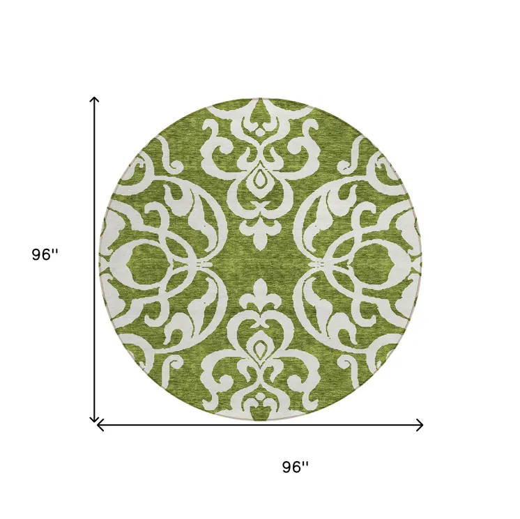 8' Green And Ivory Round Damask Washable Indoor Outdoor Area Rug