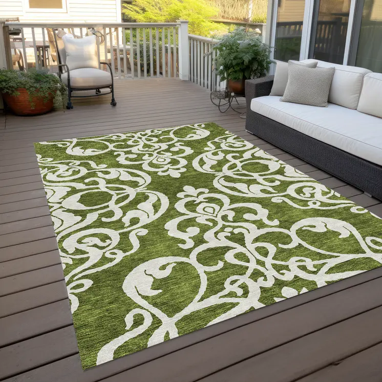 8' X 10' Green And Ivory Damask Washable Indoor Outdoor Area Rug