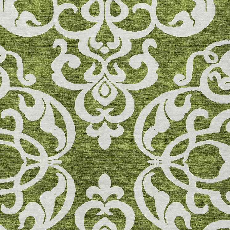 8' X 10' Green And Ivory Damask Washable Indoor Outdoor Area Rug