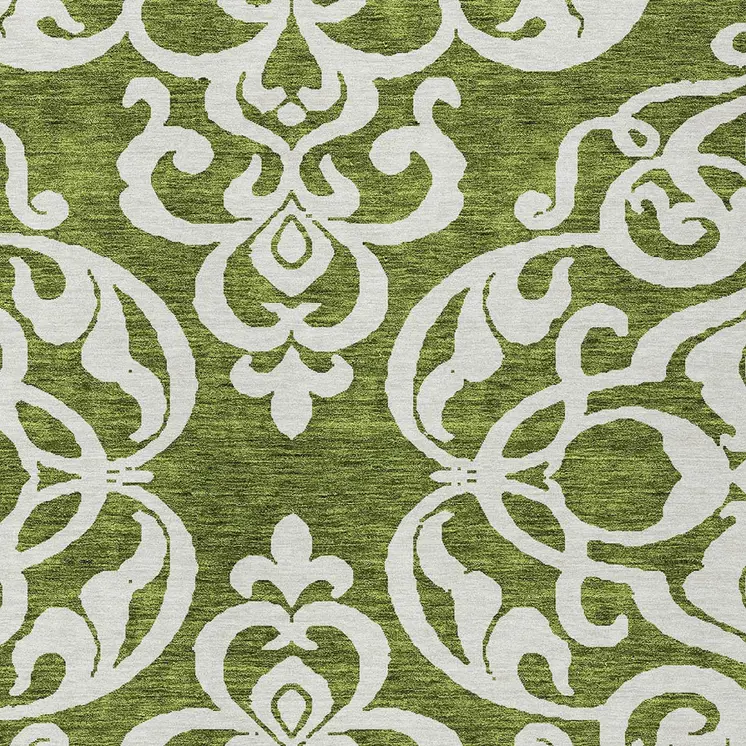 10' X 14' Green And Ivory Damask Washable Indoor Outdoor Area Rug