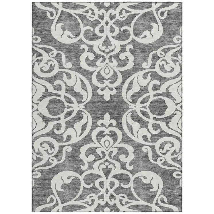 3' X 5' Gray And Ivory Damask Washable Indoor Outdoor Area Rug
