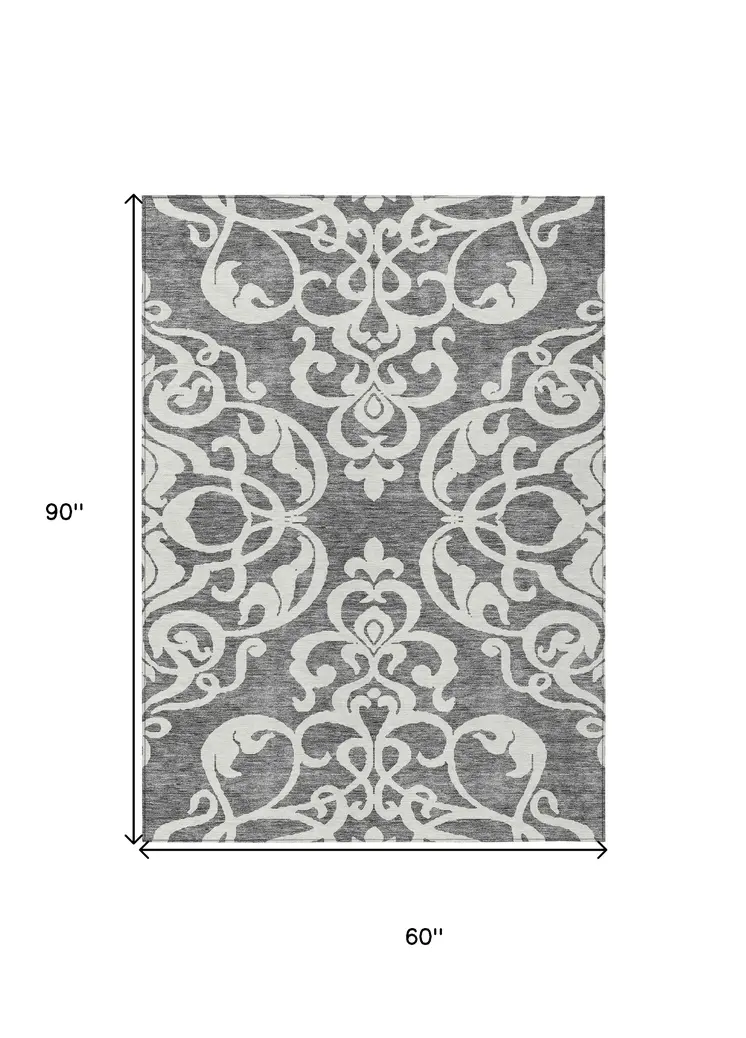 5' X 8' Gray And Ivory Damask Washable Indoor Outdoor Area Rug