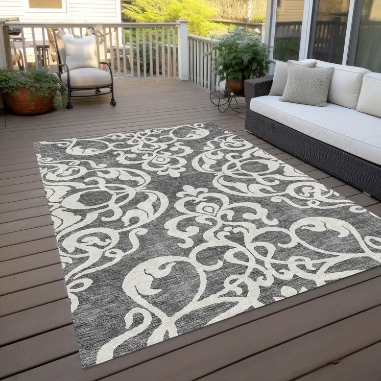 5' X 8' Gray And Ivory Damask Washable Indoor Outdoor Area Rug