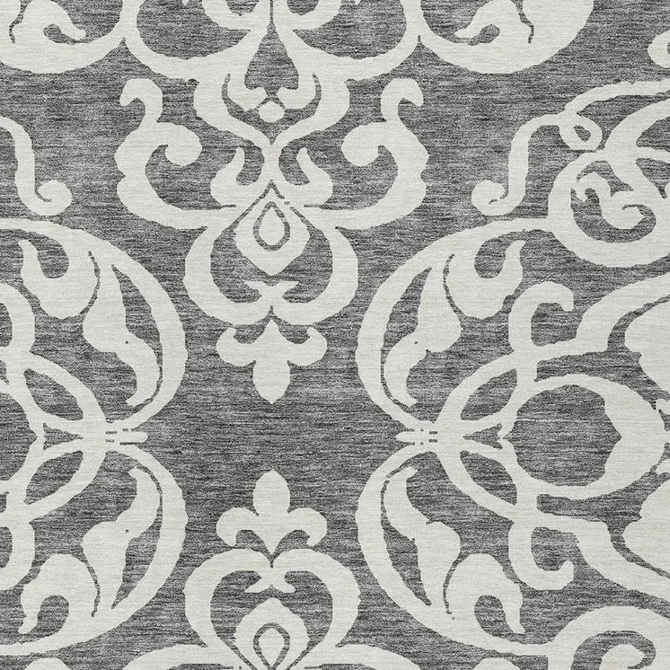 5' X 8' Gray And Ivory Damask Washable Indoor Outdoor Area Rug